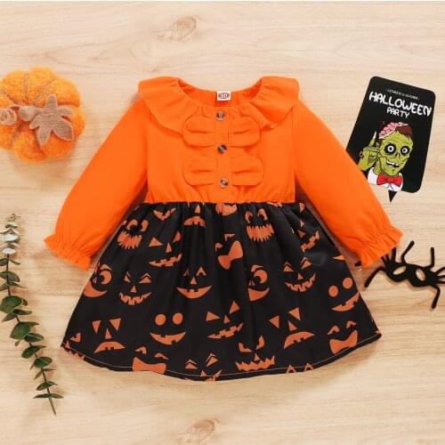 Toddler Girl Clothes Infant New Born Girls Dress Flying Long Sleeve Halloween Pumpkin Printed Children Princess Dresses Vesitido
