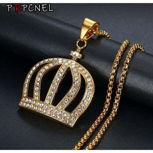 Hip Hop Stainless Steel King Crown Gold Color Punk Pendant Popular Rock Necklace with zircon Fashion Cuban chain For Men