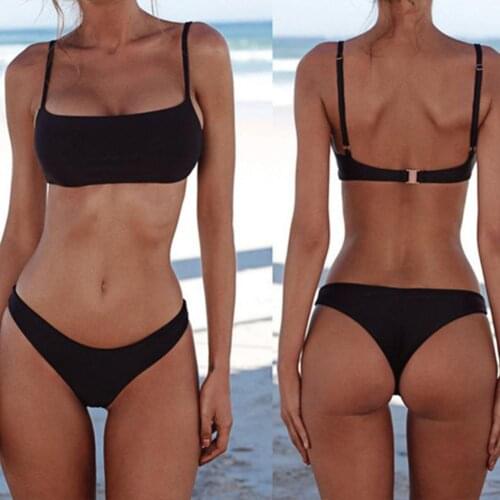 Bikini Set Bandeau Solid Color Two Pieces Set Women Push Up Bra Briefs Swimwear Bathing Suit for Water Activity Beach sport part