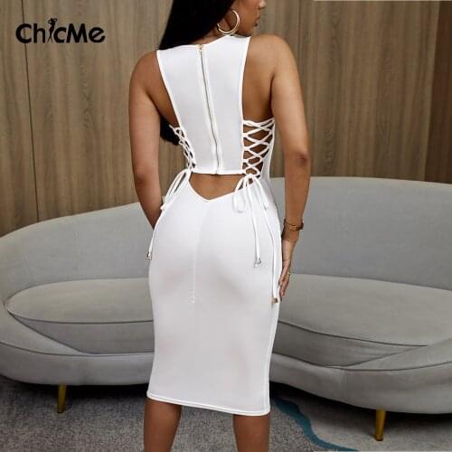 Chicme Summer Women Zipper Design Cut Out Back Lace-up Bodycon Dress Midi Sexy Sleeveless U Neck Night Club Party Dress Robe Ves