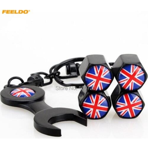 MOTOBOTS 100Set Black Car Zinc Alloy Tyre Valve Caps 4pcs With Wrench Keychain For UK Flag