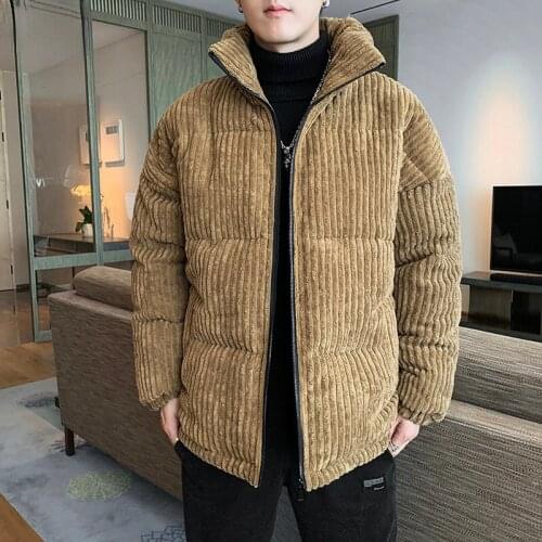 2021 Winter Corduroy Padded Parkas Men Fashion Long Sleeve Stand Collar Warm Jackets Mens Simple Vintage Slim Solid Coat E255