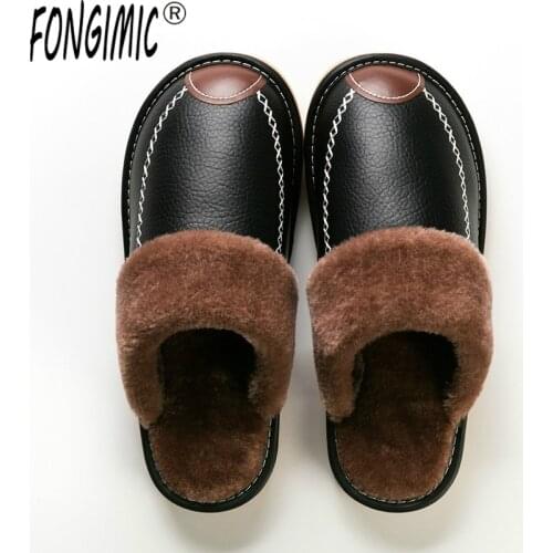 Men Winter Leather Slippers Bedroom Cotton Slippers Male Waterproof Thick Plus Velvet Indoor Warm House Home Slippers Shoes