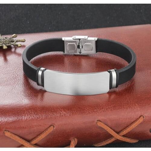 Custom Engraved ID Bracelet for Men Black Silicone Wrist Band with Stainless Steel Tag Valentines Day Gift for Him