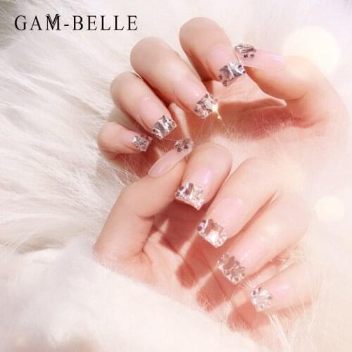 GAM-BELLE Luxury Nude Fake Nails With 3D Rhinestones Designs Beauty Full Cover Artificial False Nail Tips Manicure Accessories