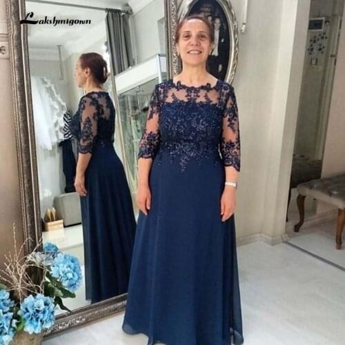 Navy Blue Chiffon Mother of the Bride Dress Plus Size Three Quarter Sleeve A-Line Groom Mother Gowns Wedding Party Dresses
