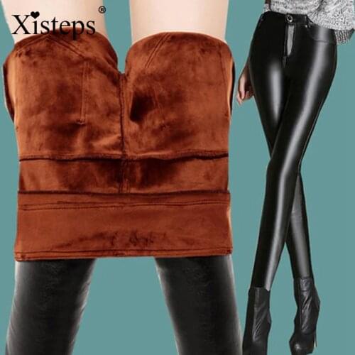 Xisteps High Waist Warm Gold Thick Velvet Elastic Women Pu Leather Pencil Pants Female Winter High Stretch Skinny Long Trousers