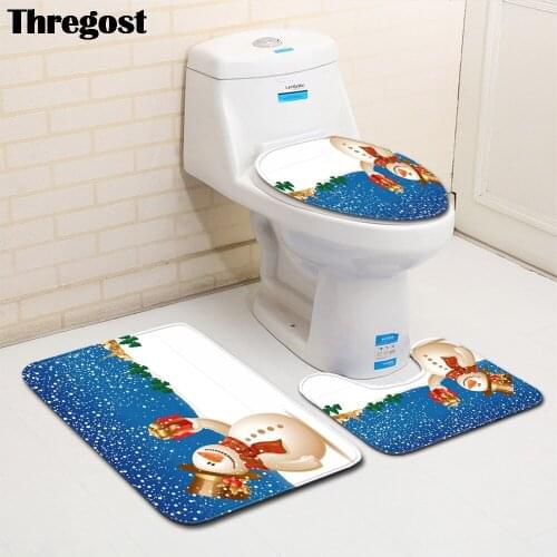 Thregost Bathroom Carpet Set 3pcs Toilet Rug Shower Anti Slip Water Absorbent Mat Microfiber Christmas Printed Toilet Floor Mats