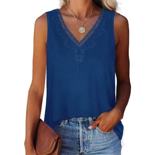 Women Summer T-shirt Soft Sexy V Neck Solid Color Vest Lace Sleeveless Loose Pullover Top for Daily Life