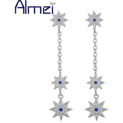 Almei 5%Off Luxury Israel Flag Long Earrings for Women Silver Color Octagram Stars Dangle Earring Star of David Jewelry ED316