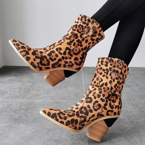 AGODOR Winter Autumn Womens High Heels Ankle Boots Fashion Leopard Western Cowboy Boots Brand Designer Shoes Platform Boots