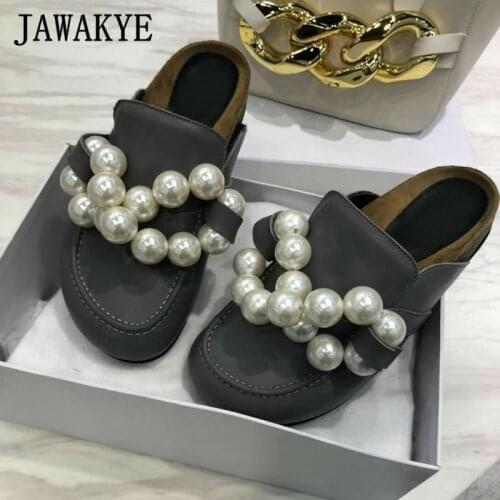 Big Pearl Chain Outdoor Women Mules Real Leather Close Toe Runway Slides Thick Sole Flat Platform Women Slippers British Style