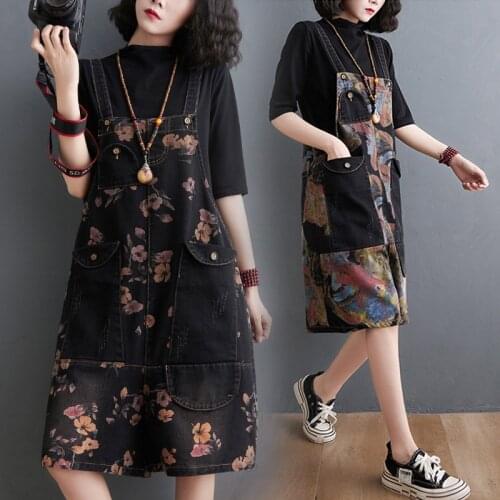 High Quality Women Loose Flower Printed Bib Overalls Summer Stitched jeans Rompers Shorts with Big Pocket