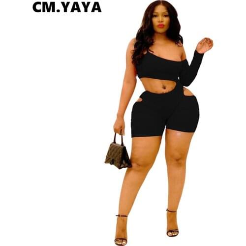 CM.YAYA Women Playsuit Solid One Shoulder Full Sleeve Skew Collar Hollow Out Bodycon Strechy Rompers One Piece Overalls Summer