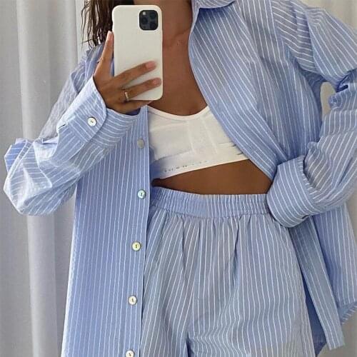 Blue Striped Tracksuit Women Two Piece Set 2021 Shorts Set Stripe Long Sleeve Shirt Crop Tops And Loose High Waisted Mini Shorts