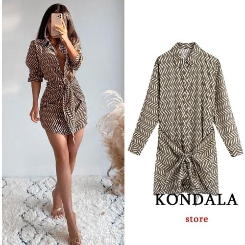 KONDALA Za 2021 Vintage Geometric Print Sheath Mini Shirt Dress Long Sleeve V Neck Sashes Pleated Dress Fashion Autumn Vestidos