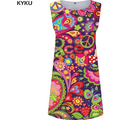 KYKU Brand Graphics Dress Women Peace Sundress Colorful Korean Style Flower Party Cartoon Vestido Sexy Boho Womens Clothing