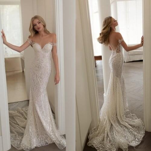 Bling Glitter Mermaid Wedding Dresses Off the Shoulder Backless Country Wedding Gowns Custom Made Bridal Vestidos De Novia