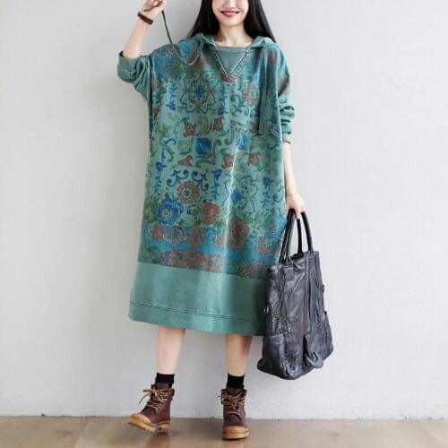 Women Loose Printed Hooded Dress Ladies Print Vintage Loose Dresses Female 2020 Hooded Dress Autumn Spring