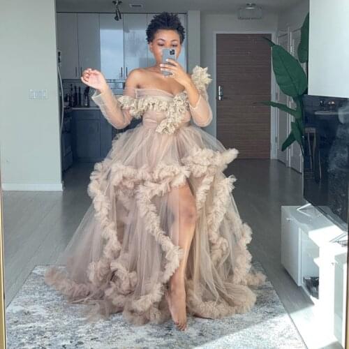 Chic Trendy Ruffles Tulle Off The Shoulder Bridal Gowns See Thru Full Sleeves A-line Mesh Tutu Women Dresses Long Robe