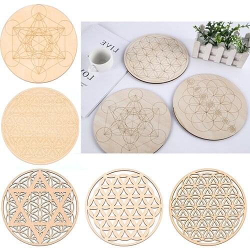 1PC Chakra Flower of life Natural Symbol 7 Kinds Wood Round Edge Circles Carved Coaster For Stone Crystal Set DIY Decor