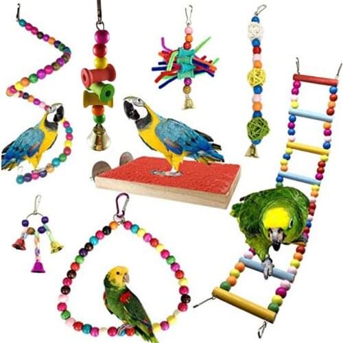 8Pcs Pet Bird Parrot Wooden Beads Bell Funny Swing Ball Hanging Cage Bite Toy For Budgie Bird Accessories Supplies jouet perruch
