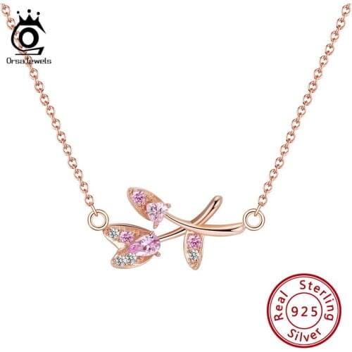 ORSA JEWELS Real Sterling 925 Silver Necklaces Leaf Design Colorful AAAA Zirconia Fixed Pendant Meticulous Chain For Girl SEQN01