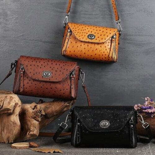 Ostrich Pattern Handbags Women Retro Genuine Leather Messenger Bag Small Square Clutch Purse Ladies Vintage Luxury Shoulder Bags