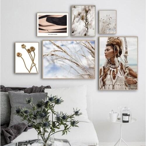 Wild Boho Woman Grass Reeds Nordic Canvas Wall Art Print Nature Landscape Painting Decorative Picture Scandinavian Decor