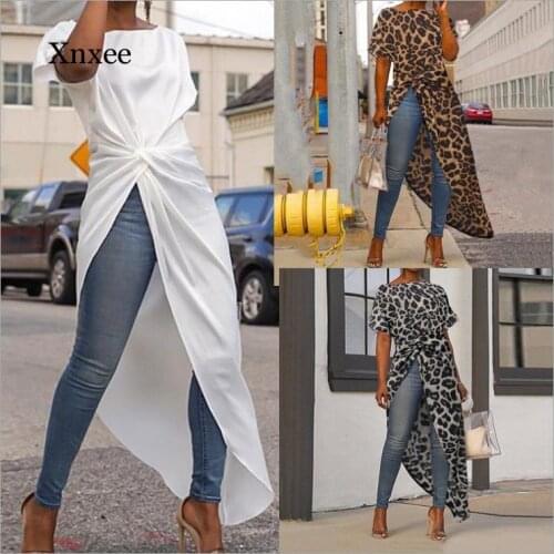 Elegant Irregular Leopard Blouse Women Tunic Female Tops Vintage Long Shirts Office Holiday Split Party Tops Plus Size Clothing