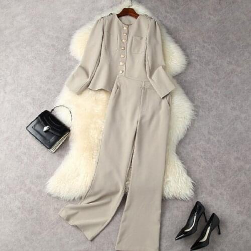 Womens Set 2021 Autumn Winter High Quality Pant Sets Ladies Golden Button Coat Jackets+Full Length Apricot Black Pant Suits Set