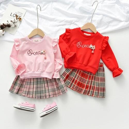 Girls Clothes Ruffle Letter Sweatshirt Plaid Skirt 2pcs Kids Suits for Girl 2021 New Spring Fall Sweet Children Clothing Set