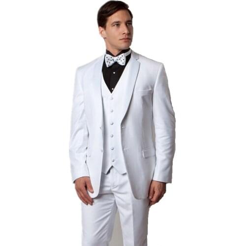 White Three Pieces Mens Wedding Suits Slim Fit Two Buttons Jacket Vest Pants Button Down Business Costumes for Work Men