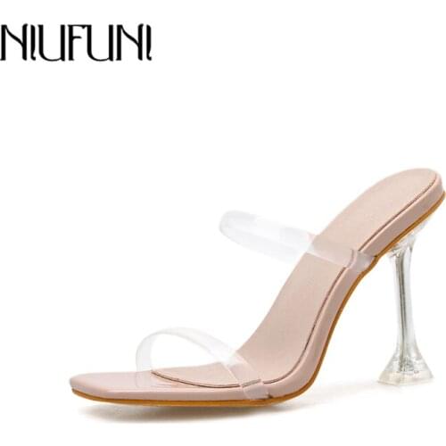 NIUFUNI 2020 Summer Shoes Woman Sexy Transparent Strap Slippers 10CM Thin High Heel Sandals Casual Women Shoes Plus Size 42