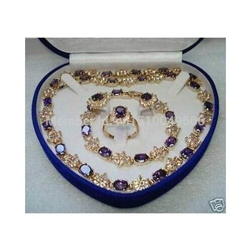 Hot sale Stylish bride wedding purple crystal set necklace bracelet earring ring set