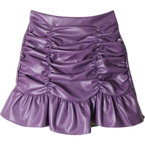 Sweet Pleated Ruffles Small Leather Skirt 2020 High Waist A-line Skirts Women Autumn Winter Korean Sexy Short Kawaii Mini Skirt