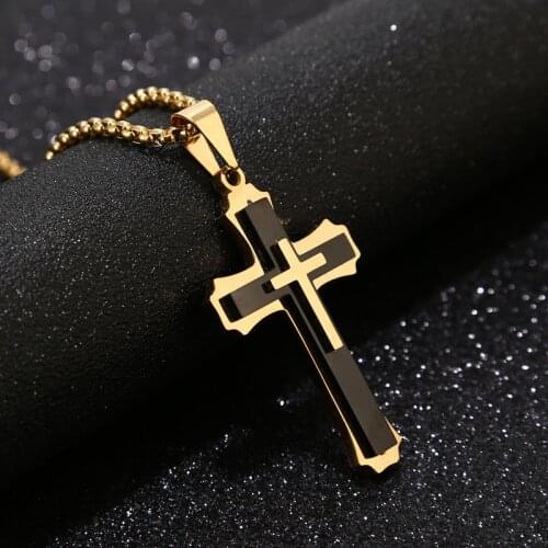 Mens Two-Tone Fancy Cross Necklace Box Chain in Gold IP Stainless Steel pendant necklace