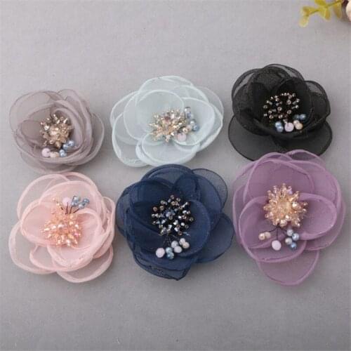 New Arrival 1PC Chiffon Fabric Flowers Glass Crystal Rhinestone Core Jewelry Flower Button Patch Sticker Girl Headabnd Headwear