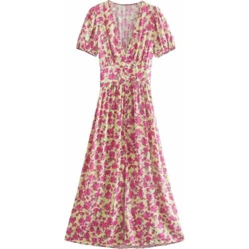 EOICIOI Za Pink Midi Dresses Women Floral Print Dress Woman Summer 2021 Elegant Boho Dresses Short Puff Sleeve Long Dress Girls