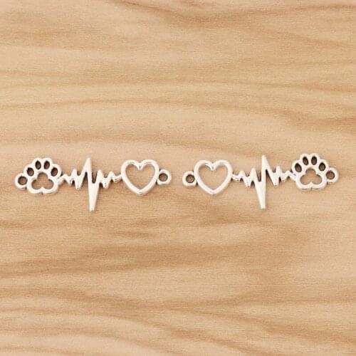 20 Pieces Tibetan Silver Heart Rate Beat Heart Paw Print Connectors Charms Pendants 2 Sided for DIY Jewellery Making 34x12mm