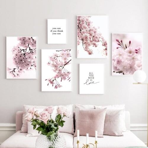 Cherry Blossoms Pink Flower Quotes Nordic Posters And Prints Wall Art Canvas Painting Wall Pictures For Living Room Home Decor