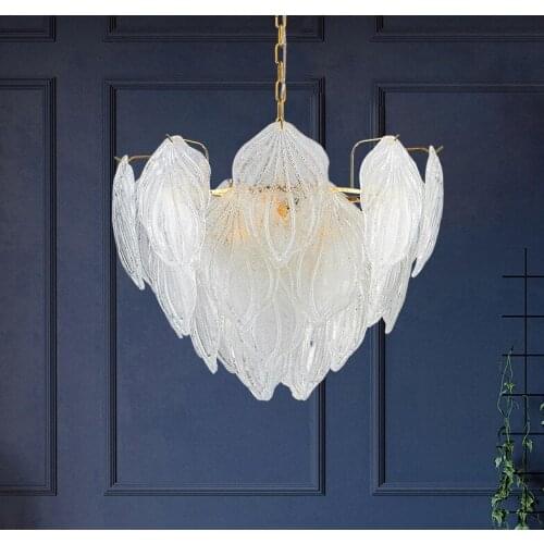 Post-modern golden modern minimalist leaf glass feather model bedroom living room dining room long Nordic chandelier led glass
