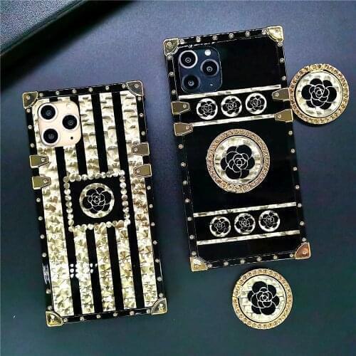 Luxury Brand Black Rose Flower Glitter Gold Square Case for Motorola Moto One 5G Ace G Power G Stylus G Play 2021 Stripe Cover