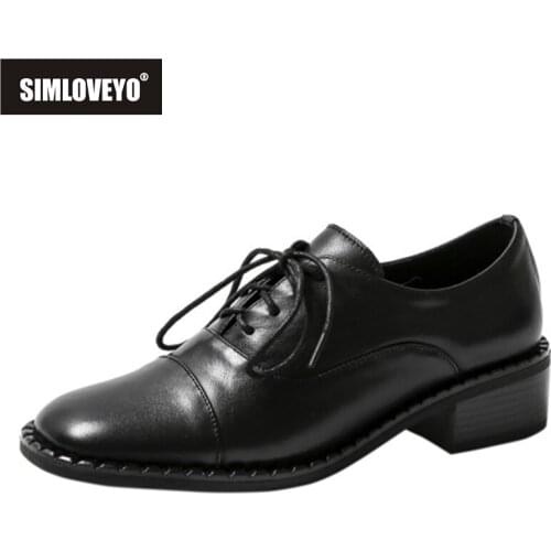 SIMLOVEYO 2021 Fashion Retro Pumps Oxfords Genuine Patent Leather Round Toe Solid Lace Up 4cm Chunky Heel Size 34-40 Black A4321