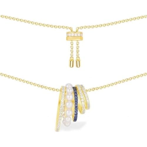 SOELLE Brand 925 Sterling Silver White and Navy Blue Multi Hoop Circles Adjustable Necklace with Pearls Women Fashion Jewelry