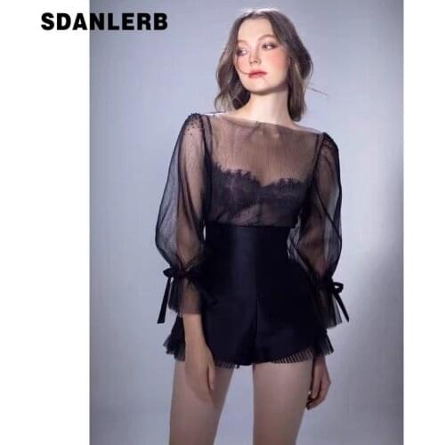 Black French Retro Top Women Summer Women Long Sleeve Mesh Shirt Sexy Slimming Blusas De Mujer Lace Sling Shorts Elegant Set