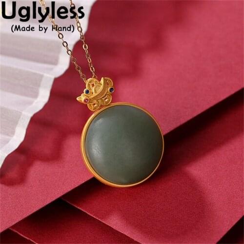 Uglyless China Chic Gold Ingots Vintage Rings for Women Real 925 Silver Nature Jade Rings Hotan Nephrite Ethnic Jewelry Gemstone