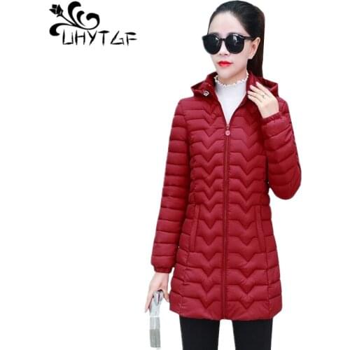UHYTGF 5XL Plus size jacket woman Hooded Thin and light winter Down cotton warm coat fashion wave Casual cotton parkas woman 265
