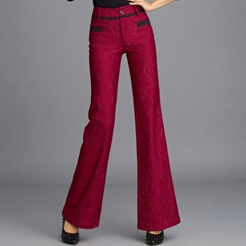 2021 Spring Fall Fashion Womens Clothing Patchwork Wine Red Lace Floral Pants , Autumn Woman Glitters 3xl Flared Trousers