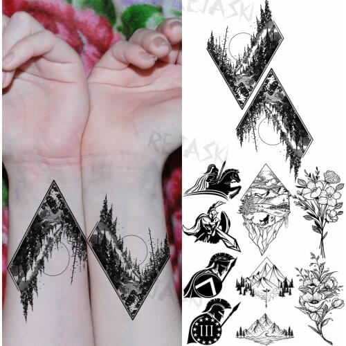 Geometric Mountain Woods Temporary Tattoos For Women Adult Spartan Peony Fake Tattoo Sticker 3D Fashion Wrist Waterproof Tatoos